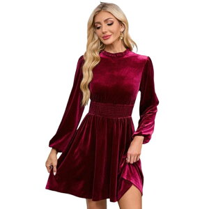 �Z�I���A ���f�B�[�X �g�b�v�X �����s�[�X ���b�N�l�b�N A ���C�� �n�C�E�G�X�g �t���� �~�j �x���x�b�g Seoria Women's Fall Velvet Mini Dress Long Sleeve Mock Neck High Waist Ruffle A Line Flowy Party Dresses Wine Red 