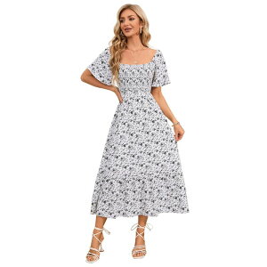 �Z�I���A ���f�B�[�X �g�b�v�X �����s�[�X �t������ �t�����[�� �t���� �}�L�V �t�����[ Seoria Women's Floral Elegant Square Neck Ruffle Hemaxi Dress White �z���C�g