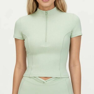 �A���i�J�V ���f�B�[�X �g�b�v�X T�V���c ���b�N�l�b�N ���u Anna-Kaci Women'short Sleeve Zip Front Fitted Active Top with Mock Neck and Ribbed Stretch Fabric Green �O���[��