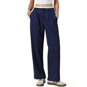 �C���X�p�C�A �V�b�N ���f�B�[�X �{�g���X �J�W���A���p���c ���C�h���b�O INSPIRE CHIC Striped Pants for Women High Waisted Wide Leg Casual Work Long Pants Navy Blue �l�C�r�[
