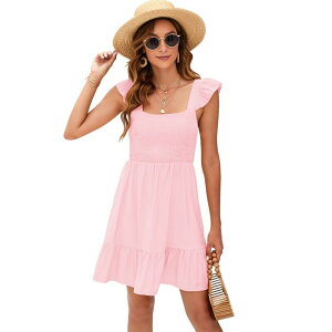 �y���������z �{�f�B�T�C�Y ���f�B�[�X �����s�[�X �g�b�v�X Women's Flowy Casual Dress Summer Square Neck Ruffled Backless Tie waist Mini Dress Light Blue