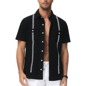 �R�W���C�� ���f�B�[�X �g�b�v�X T�V���c �{�^���_�E�� Kojooin Menshort Sleeve Cuban Guayabera Shirt Casual Summer Beach Button Down Shirts Tops Black �u���b�N