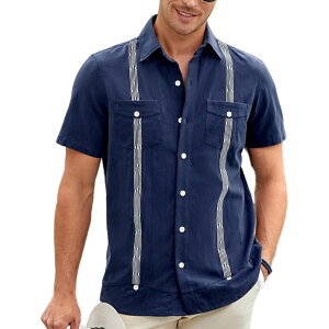 �R�W���C�� ���f�B�[�X �g�b�v�X T�V���c �{�^���_�E�� Kojooin Menshort Sleeve Cuban Guayabera Shirt Casual Summer Beach Button Down Shirts Tops Dark Blue �u���[