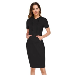 �R�W���C�� ���f�B�[�X �g�b�v�X �����s�[�X�E�F�b�g �V���c �p�[�J�[ Kojooin Women Casual Sweatshirt Short Sleeve Slim Pullover Hoodie Dress With Pocket Black �u���b�N