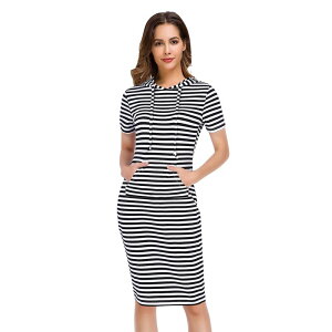�R�W���C�� ���f�B�[�X �g�b�v�X �����s�[�X�E�F�b�g �V���c �p�[�J�[ Kojooin Women Casual Sweatshirt Short Sleeve Slim Pullover Hoodie Dress With Pocket Black And White Bars �z���C�g