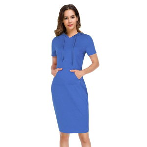 �R�W���C�� ���f�B�[�X �g�b�v�X �����s�[�X�E�F�b�g �V���c �p�[�J�[ Kojooin Women Casual Sweatshirt Short Sleeve Slim Pullover Hoodie Dress With Pocket Blue �u���[