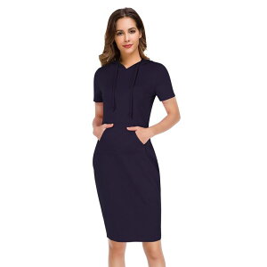 �R�W���C�� ���f�B�[�X �g�b�v�X �����s�[�X�E�F�b�g �V���c �p�[�J�[ Kojooin Women Casual Sweatshirt Short Sleeve Slim Pullover Hoodie Dress With Pocket Dark Blue �u���[