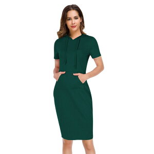 �R�W���C�� ���f�B�[�X �g�b�v�X �����s�[�X�E�F�b�g �V���c �p�[�J�[ Kojooin Women Casual Sweatshirt Short Sleeve Slim Pullover Hoodie Dress With Pocket Dark Green �O���[��