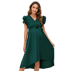 �y���������z �{�f�B�T�C�Y ���f�B�[�X �����s�[�X �g�b�v�X Women's Maternity Boho Midi Dress Floral Print Crossover V-Neck Ruffled Slit Maxi Dress Dark Green