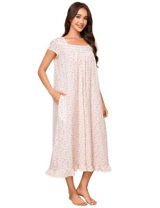 �G���[�g�`���C�X ���f�B�[�X �A���_�[�E�F�A �i�C�g�E�F�A �v�����g Elitechoice Women'square Neck Short Sleeve Nightgown Print Shift with Pockets Apricot �A�v���R�b�g