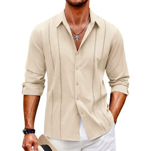 �N�[�t�@���f�B ���f�B�[�X �g�b�v�X T�V���c �{�^���_�E�� ���l�� COOFANDY Mens Cuban Guayabera Shirt Casual Button Down Shirts Long Sleeve Beach Linen Shirts Beige �x�[�W��