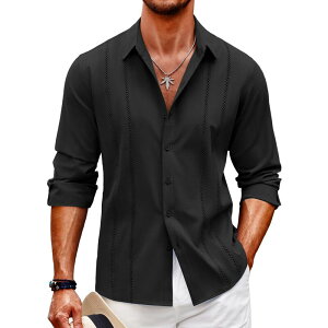 �N�[�t�@���f�B ���f�B�[�X �g�b�v�X T�V���c �{�^���_�E�� ���l�� COOFANDY Mens Cuban Guayabera Shirt Casual Button Down Shirts Long Sleeve Beach Linen Shirts Black �u���b�N