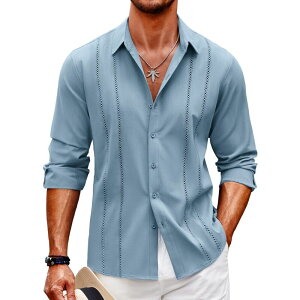 �N�[�t�@���f�B ���f�B�[�X �g�b�v�X T�V���c �{�^���_�E�� ���l�� COOFANDY Mens Cuban Guayabera Shirt Casual Button Down Shirts Long Sleeve Beach Linen Shirts Blue �u���[