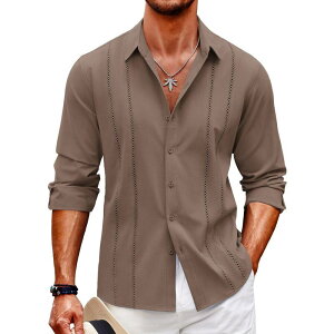 �N�[�t�@���f�B ���f�B�[�X �g�b�v�X T�V���c �{�^���_�E�� ���l�� COOFANDY Mens Cuban Guayabera Shirt Casual Button Down Shirts Long Sleeve Beach Linen Shirts Brown �u���E��
