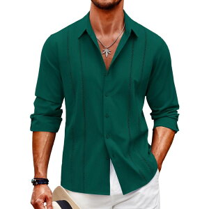 �N�[�t�@���f�B ���f�B�[�X �g�b�v�X T�V���c �{�^���_�E�� ���l�� COOFANDY Mens Cuban Guayabera Shirt Casual Button Down Shirts Long Sleeve Beach Linen Shirts Dark Green �O���[��