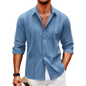 �N�[�t�@���f�B ���f�B�[�X �g�b�v�X T�V���c �{�^���_�E�� ���l�� COOFANDY Mens Cuban Guayabera Shirt Casual Button Down Shirts Long Sleeve Beach Linen Shirts Denim Blue �f�j��