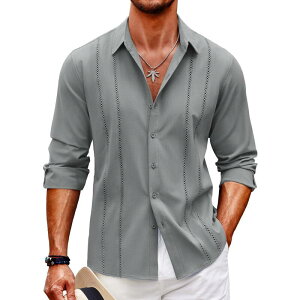 �N�[�t�@���f�B ���f�B�[�X �g�b�v�X T�V���c �{�^���_�E�� ���l�� COOFANDY Mens Cuban Guayabera Shirt Casual Button Down Shirts Long Sleeve Beach Linen Shirts Grey �O���[