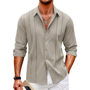 �N�[�t�@���f�B ���f�B�[�X �g�b�v�X T�V���c �{�^���_�E�� ���l�� COOFANDY Mens Cuban Guayabera Shirt Casual Button Down Shirts Long Sleeve Beach Linen Shirts Khaki �J�[�L