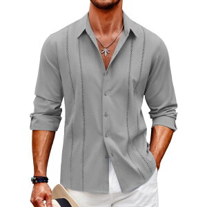 �N�[�t�@���f�B ���f�B�[�X �g�b�v�X T�V���c �{�^���_�E�� ���l�� COOFANDY Mens Cuban Guayabera Shirt Casual Button Down Shirts Long Sleeve Beach Linen Shirts Light Grey �O���[