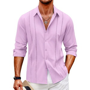 �N�[�t�@���f�B ���f�B�[�X �g�b�v�X T�V���c �{�^���_�E�� ���l�� COOFANDY Mens Cuban Guayabera Shirt Casual Button Down Shirts Long Sleeve Beach Linen Shirts Light Purple �p�[�v��