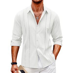 �N�[�t�@���f�B ���f�B�[�X �g�b�v�X T�V���c �{�^���_�E�� ���l�� COOFANDY Mens Cuban Guayabera Shirt Casual Button Down Shirts Long Sleeve Beach Linen Shirts White �z���C�g