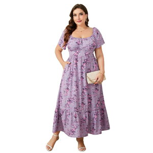 �R�W���C�� ���f�B�[�X �g�b�v�X �����s�[�X �t�����[�� �v���X�T�C�Y �t�����[ Kojooin Women Plusize Dressquare Neck Short Sleeve Floral Casual Sundress Purple �p�[�v��