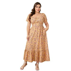 �R�W���C�� ���f�B�[�X �g�b�v�X �����s�[�X �t�����[�� �v���X�T�C�Y �t�����[ Kojooin Women Plusize Dressquare Neck Short Sleeve Floral Casual Sundress Yellow �C�G���[