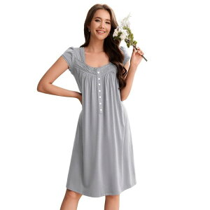 �{�f�B�T�C�Y ���f�B�[�X �A���_�[�E�F�A �i�C�g�E�F�A �{�^���_�E�� ���[�X BODDYSIZE Women's Long Half Openeck Nightgown Short Sleeve Lace Nightwear Button Downightgown with Pockets Grey �O���[