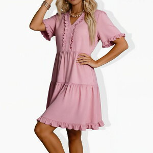 �N���A�t�����[ ���f�B�[�X �g�b�v�X �����s�[�X V�l�b�N �e�B�A�[�h �t���� ClearFlower Women's V-Neck Ruffle Dress - Short Sleeve Tiered Flowy Knee-Length Casual Summer Dress Pink �s���N
