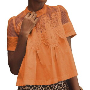 �y���������z �Z�I���A ���f�B�[�X T�V���c �g�b�v�X Seoria Womens Short Sleeve Lace Crochet Blouse Casual High Neck Ruffle Hem Peplum Tops Orange Red