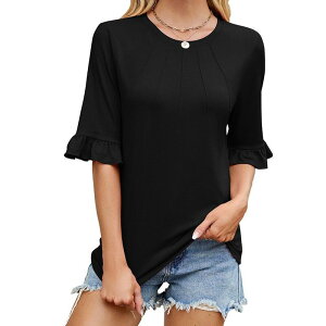 �y���������z �W���C�W���C ���f�B�[�X T�V���c �g�b�v�X Women Pleated Crew Neck Ruffle Sleeve Mid Sleeve Top Daily Loose Casual Top Summer Short Sleeve Black
