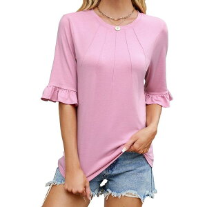 �W���C�W���C ���f�B�[�X �g�b�v�X T�V���c �N���[�l�b�N �v���[�c �t���� JoyJoy Women Pleated Crew Neck Ruffle Sleeve Mid Sleeve Top Daily Loose Casual Top Summer Short Sleeve Pink �s���N