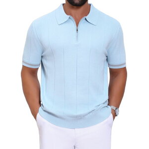 �C���X�p�C�A �V�b�N ���f�B�[�X �g�b�v�X T�V���c �|���V���c ���u INSPIRE CHIC Men's Textured Polo Shirt Zip Up Ribbed Hem Short Sleeve Golf Polo Shirts Light Blue �u���[