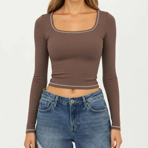 �A���i�J�V ���f�B�[�X �g�b�v�X T�V���c �R���g���X�g �N���b�v�h Anna-Kaci Women's Long Sleeve Cropped Top with V Neckline Contrastrim and Smooth Stretch Fit Brown �u���E��