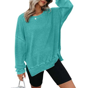 �G���[�g�X�s���b�g ���f�B�[�X �g�b�v�X T�V���c �N���[�l�b�N �X�E�F�b�g �j�b�g EliteSpirit Womens Oversized Waffle Knit Crewneck Sweatshirts Long Sleeve Side Slits Casual Pullover Topsky Blue �u���[