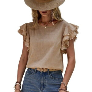 �C�G�X�t�@�b�V���� ���f�B�[�X �g�b�v�X �V���c �N���[�l�b�N �t���� �u���E�X Yesfashion Women's Boho Crew Neck Ruffled Sleeve Blouse with Pom-Pom Trim Button Casual Travel Wear Khaki �J�[�L