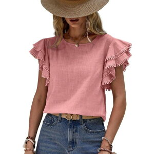 �C�G�X�t�@�b�V���� ���f�B�[�X �g�b�v�X �V���c �N���[�l�b�N �t���� �u���E�X Yesfashion Women's Boho Crew Neck Ruffled Sleeve Blouse with Pom-Pom Trim Button Casual Travel Wear Pink �s���N