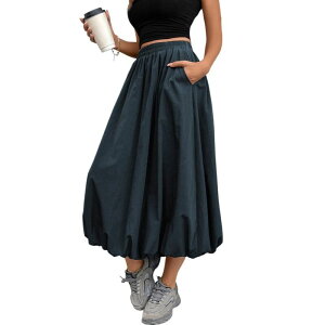 �{�f�B�T�C�Y ���f�B�[�X �{�g���X�J�[�g A ���C�� �v���[�c �t���� �}�L�V BODDYSIZE Women's Loose Peplum Elastic Waist Skirt A Line Pleated Ruffle Flowy Balloon Maxi Skirt with Pockets Black �u���b�N