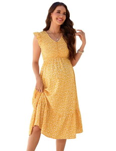 �y���������z �G���[�g�`���C�X ���f�B�[�X �����s�[�X �g�b�v�X Women's Maternity V-Neck Ruffle Sleeve Button Front Midi Dress Yellow Flower