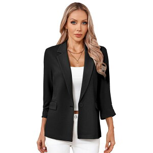 �R�W���C�� ���f�B�[�X �A�E�^�[ �W���P�b�g�E�u���]�� �u���U�[ Kojooin Women Long Blazer One Button Lapel 3/4 Sleeve Business Casual Jacket Black �u���b�N