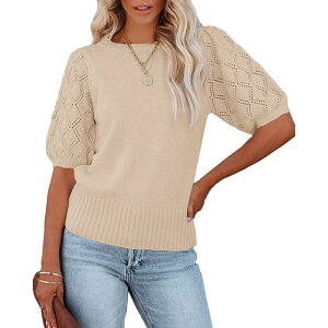 �Z�I���A ���f�B�[�X �g�b�v�X T�V���c �N���[�l�b�N �j�b�g Seoria Women'short Sleeve Knitop Crew Neck Lightweight Crochet Pullover Summer Tees Colored Rice Apricot A �A�v���R�b�g