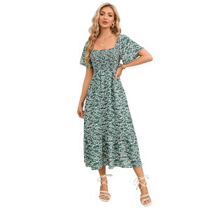�Z�I���A ���f�B�[�X �g�b�v�X �����s�[�X �t������ �t�����[�� �t���� �}�L�V �t�����[ Seoria Women's Floral Elegant Square Neck Ruffle Hemaxi Dress Green �O���[��