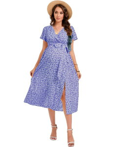 �G���[�g�`���C�X ���f�B�[�X �g�b�v�X �����s�[�X V�l�b�N �}�^�j�e�B Elitechoice Women's Maternity Dress Festive Nursing Dress V-Neck Short Sleeve With Waist Belt Blue �u���[