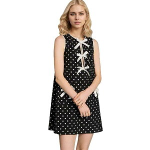 �C�G�X�t�@�b�V���� ���f�B�[�X �g�b�v�X �����s�[�X �h�b�g�� �h�b�g �m�[�X���[�u Yesfashion Women's Bow Front Polka Dot Sleeveless Dress Elegant Classic Style Black �u���b�N