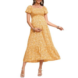 �Z�I���A ���f�B�[�X �g�b�v�X �����s�[�X �t�����[�� �}�^�j�e�B �t�����[ Seoria Women's Maternity Dress Floral Short Sleeve Square Neck Flowy Sundress Yellow �C�G���[