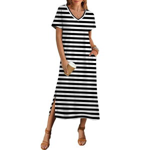 �W�[�O�[ ���f�B�[�X �g�b�v�X �����s�[�X �t�����[�� �}�L�V �t�����[ Zeagoo Women'short Sleeve Floral Maxi Beach Sundress with Pockets Casualoose Long Split Dresses Black White Stripe �z���C�g