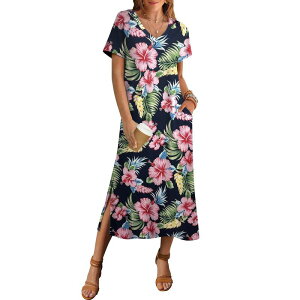 �W�[�O�[ ���f�B�[�X �g�b�v�X �����s�[�X �t�����[�� �}�L�V �t�����[ Zeagoo Women'short Sleeve Floral Maxi Beach Sundress with Pockets Casualoose Long Split Dresses Navy Leaf �l�C�r�[