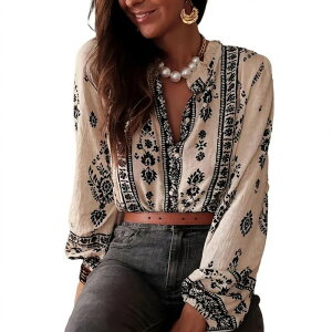 �C�G�X�t�@�b�V���� ���f�B�[�X �g�b�v�X �V���c V�l�b�N �o���[���X���[�u���E�X Yesfashion Womens Boho Blouse Split V-Neck Button Front Balloon Sleeves Loose Fit for Casual Vacation Wear Apricot �A�v���R�b�g