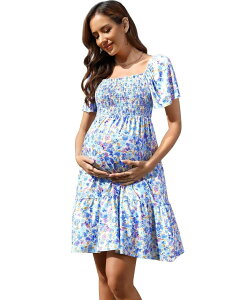 �t�@���W�����C ���f�B�[�X �g�b�v�X �����s�[�X �}�^�j�e�B FUNJULY Women'square Neck Short Sleeve Maternity Dress Blue Purple �u���[