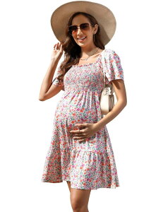 �t�@���W�����C ���f�B�[�X �g�b�v�X �����s�[�X �}�^�j�e�B FUNJULY Women'square Neck Short Sleeve Maternity Dress Red Blue �u���[